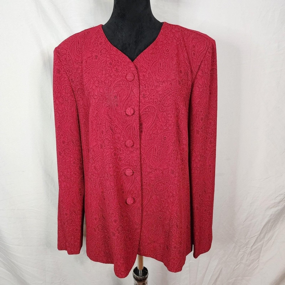 LESLIE FAY Size 18 Vintage Paisley Floral Red Jacquard Collarless V-Neck Blazer